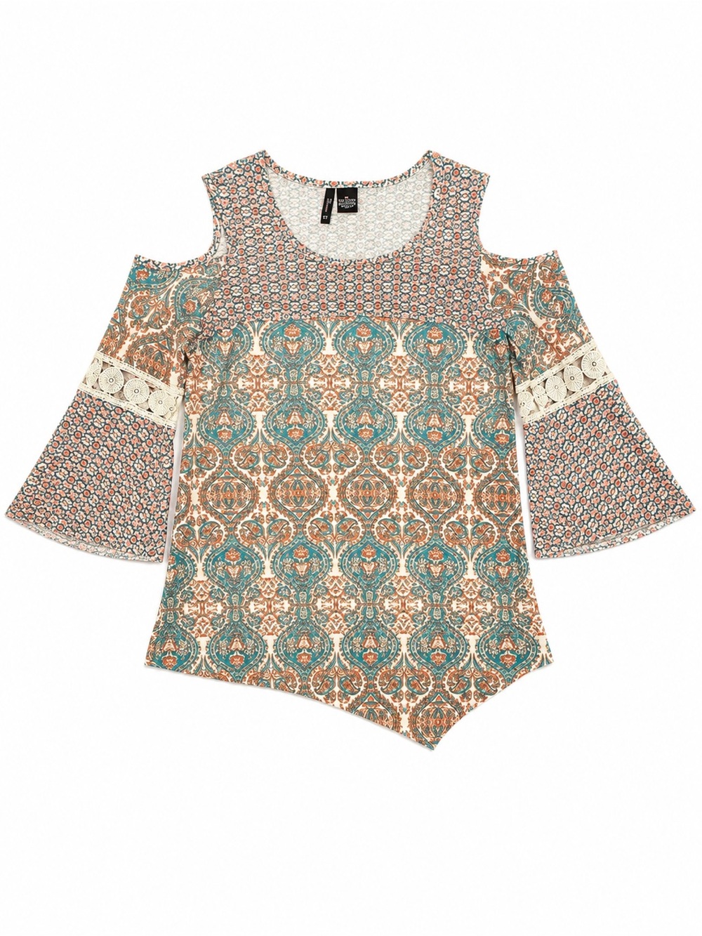 new directions Teal and Tan Cold Shoulder Boho Top